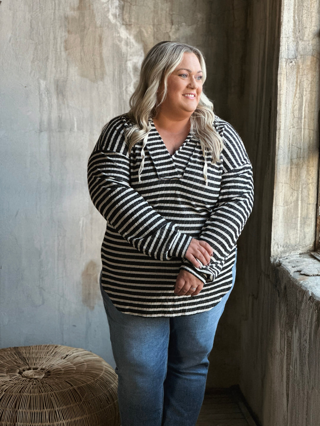 Plus Stripe Jacquard Hoodie Top