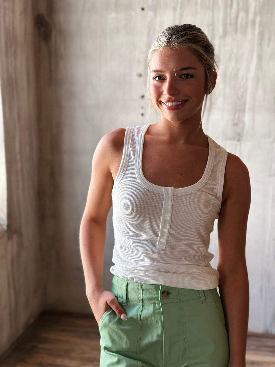 front view of white Button Down Fitted Knit Tank Top