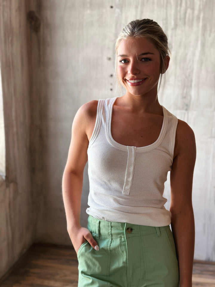 front view of white Button Down Fitted Knit Tank Top