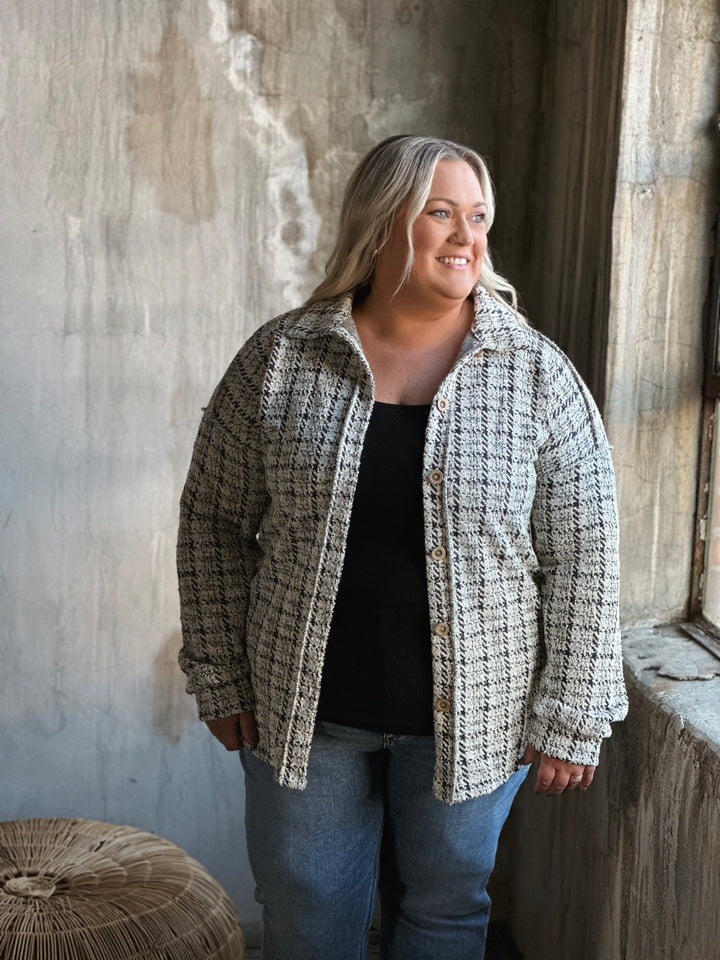 Plus Checker Bouclé Button Down Shacket