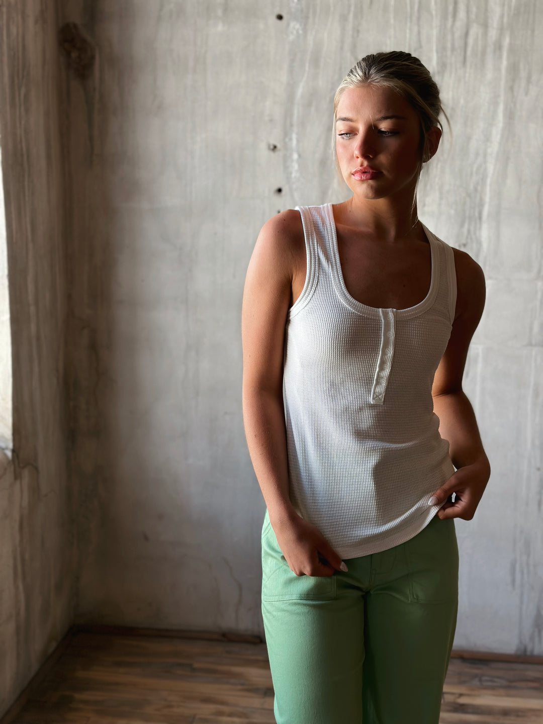 front view of white Button Down Fitted Knit Tank Top
