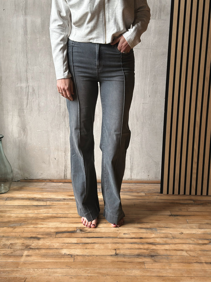 Grey Pintuck High Rise Flares