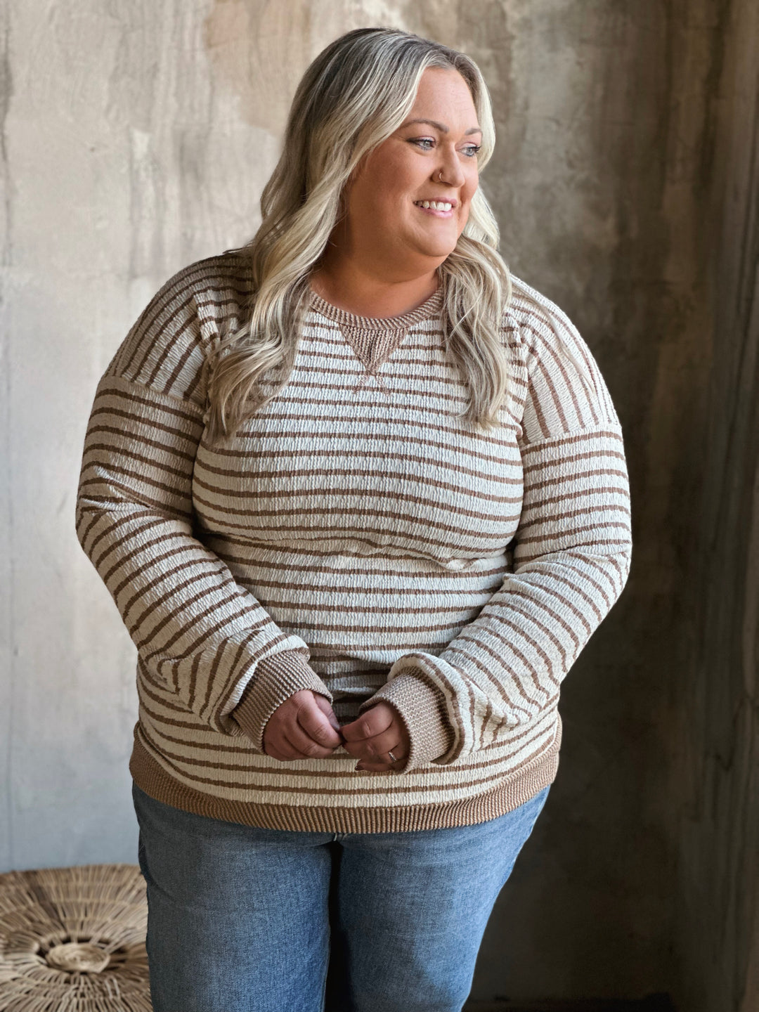 Plus Stripe Print Long Sleeve Top