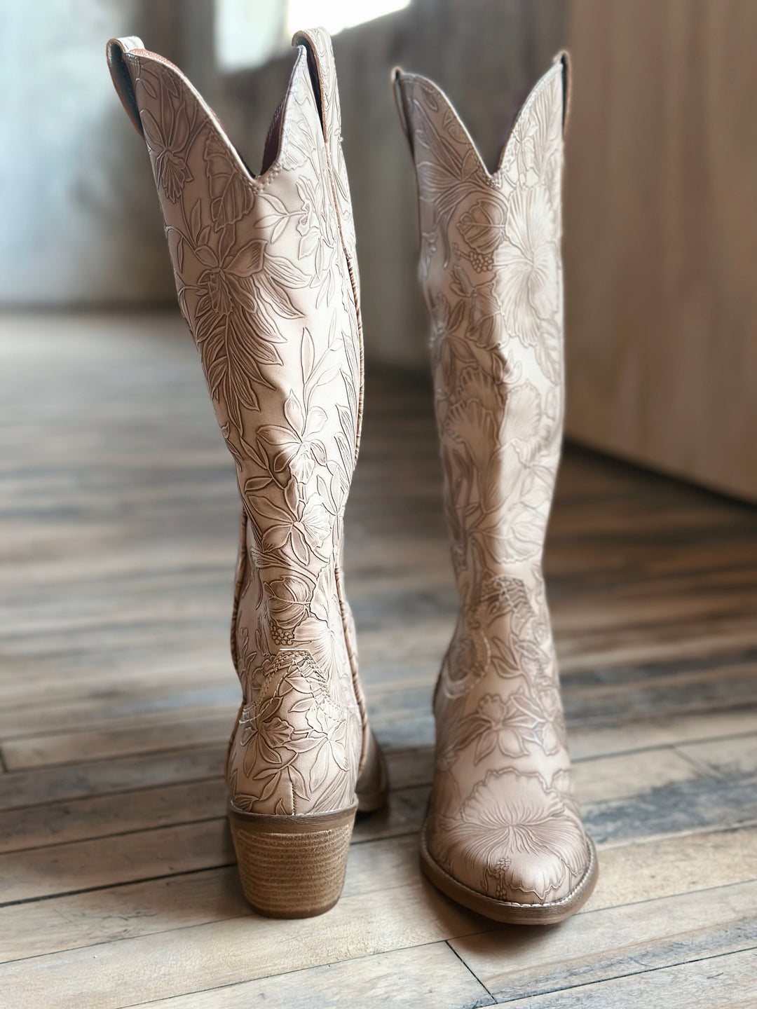 Embossed Floral Western Boots in Taupe with pointed toe
