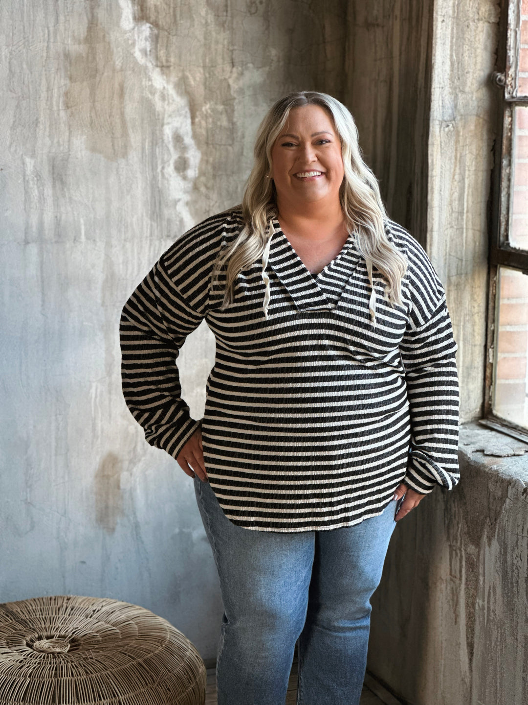 Plus Stripe Jacquard Hoodie Top