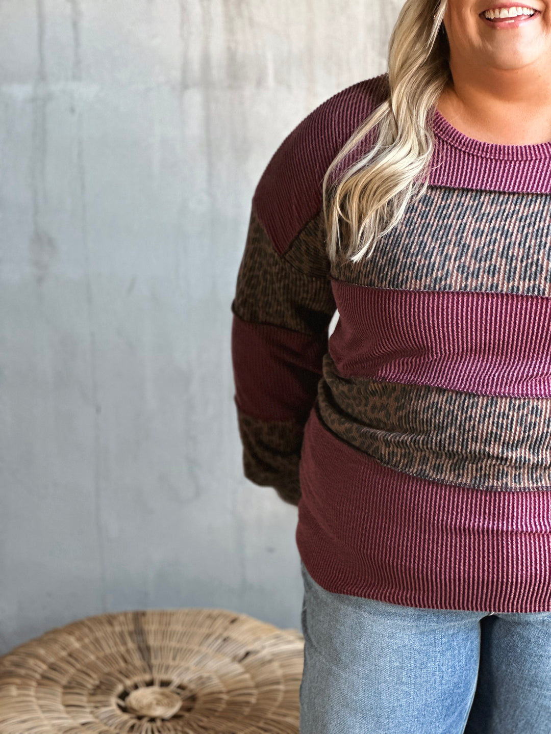 Plus Ribbed Contrast Animal Print Top