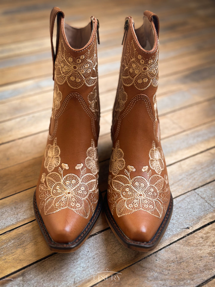 Front view of Embroidered Western Boots with rounded toe