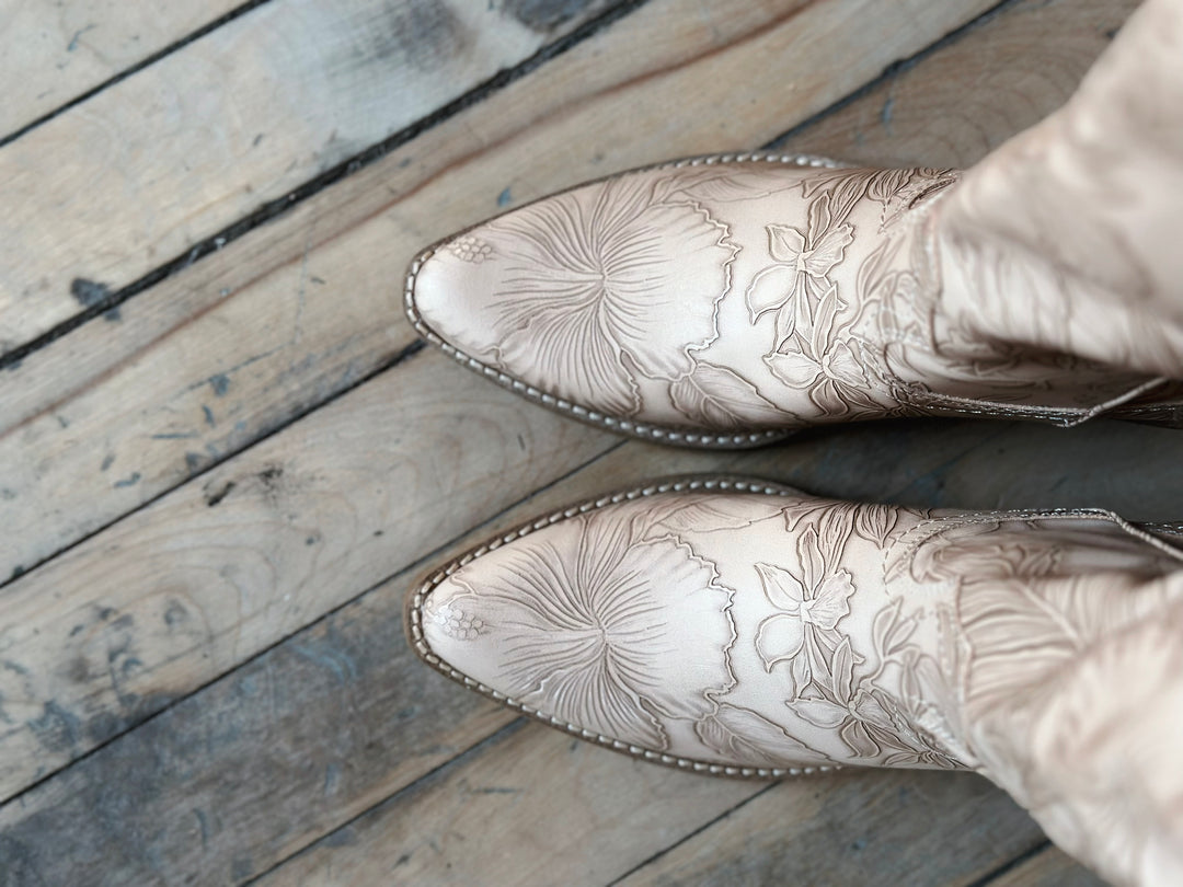 Top view of Embossed Floral Western Boots in Taupe with pointed toe