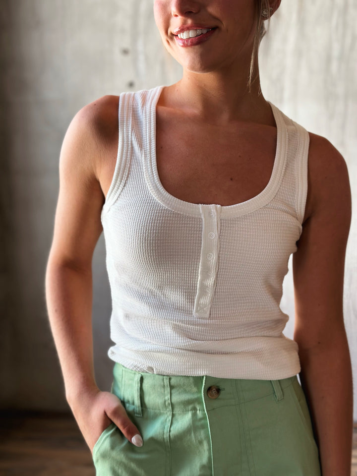 front view of white Button Down Fitted Knit Tank Top