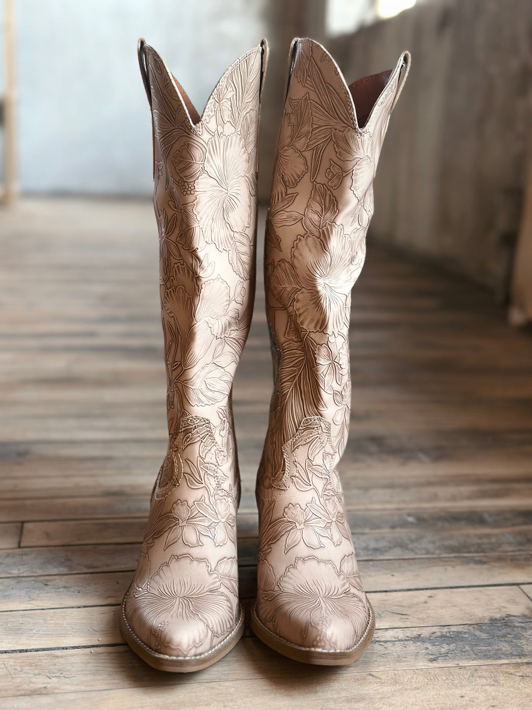 Front view of Embossed Floral Western Boots in Taupe with pointed toe