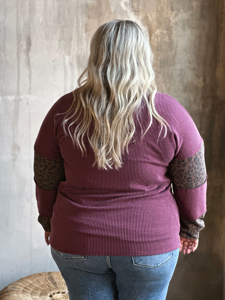 Plus Ribbed Contrast Animal Print Top