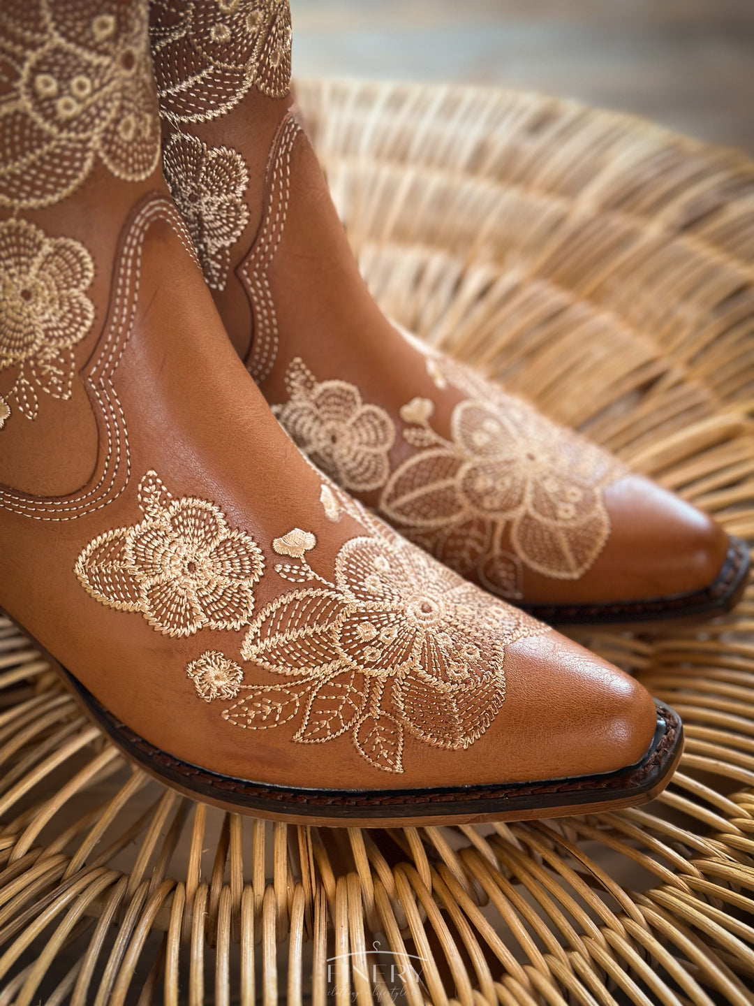 Front view of Embroidered Western Boots with rounded toe
