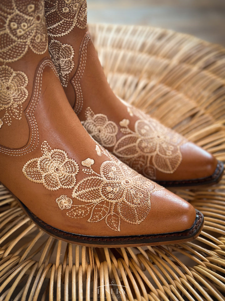 Front view of Embroidered Western Boots with rounded toe
