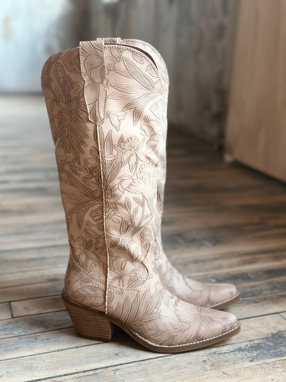 Side view of Embossed Floral Western Boots in Taupe with pointed toe