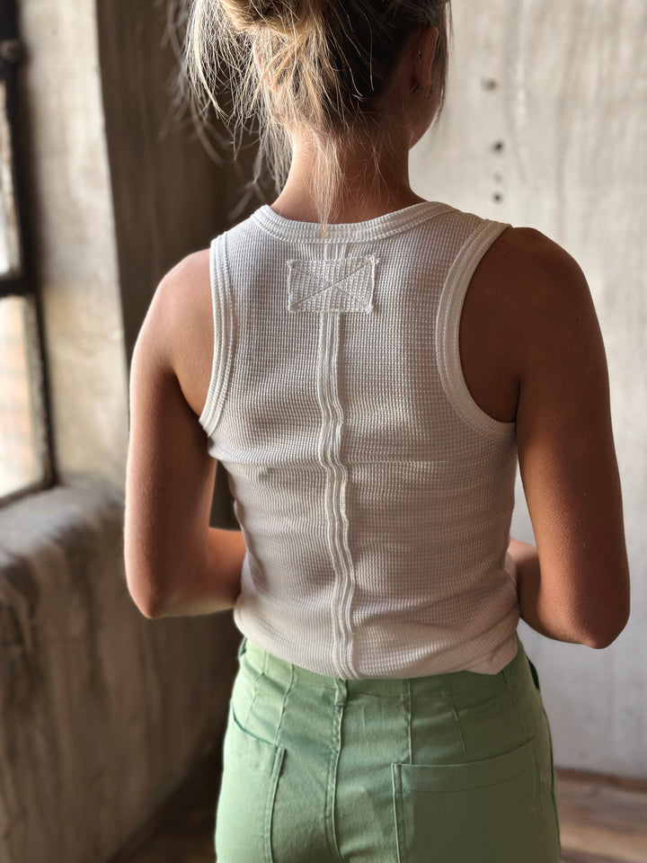 back view of white Button Down Fitted Knit Tank Top waffle knit