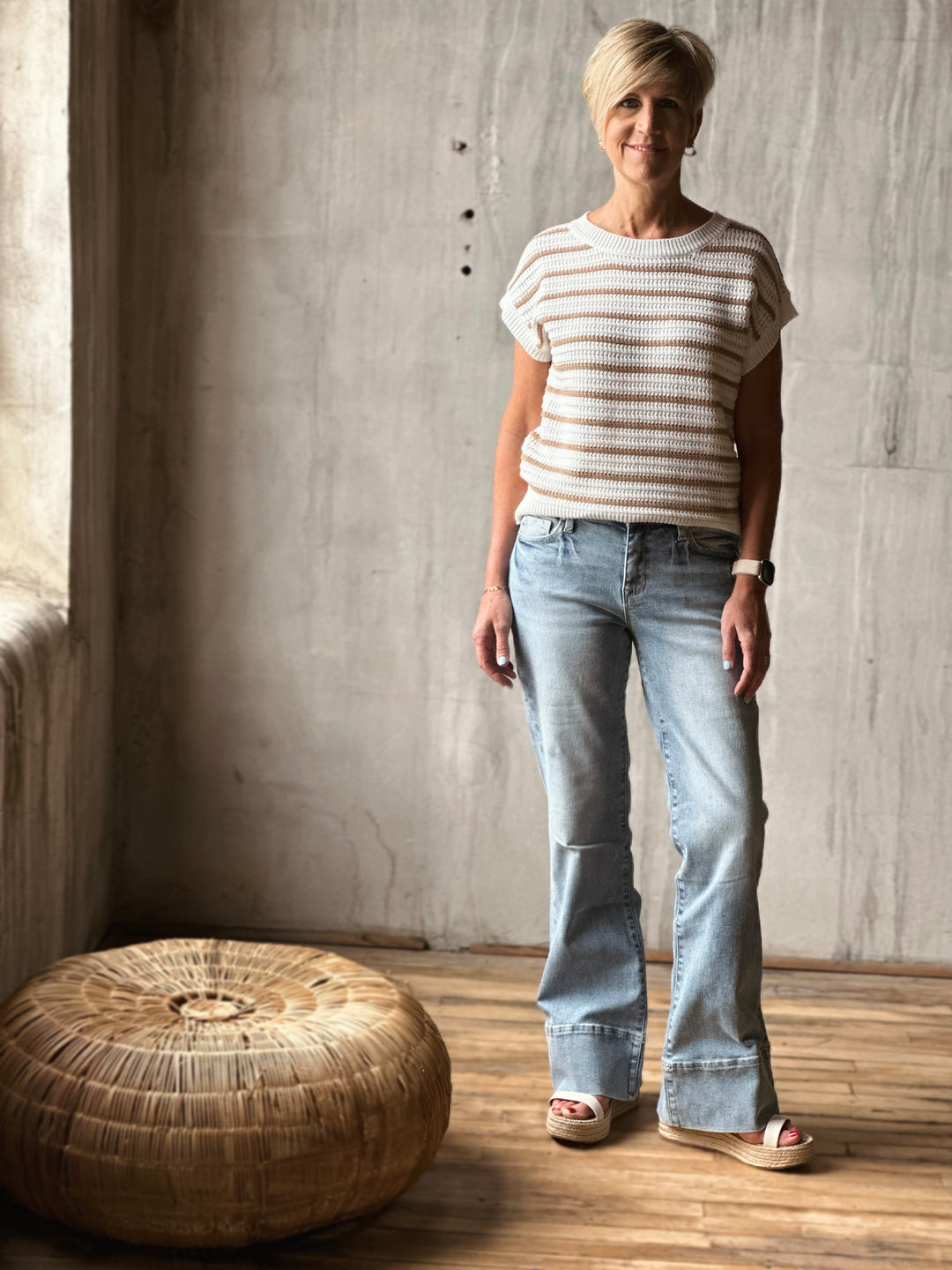Front view of model wearing High-Rise Super Stretch Trouser Wide Leg Jeans