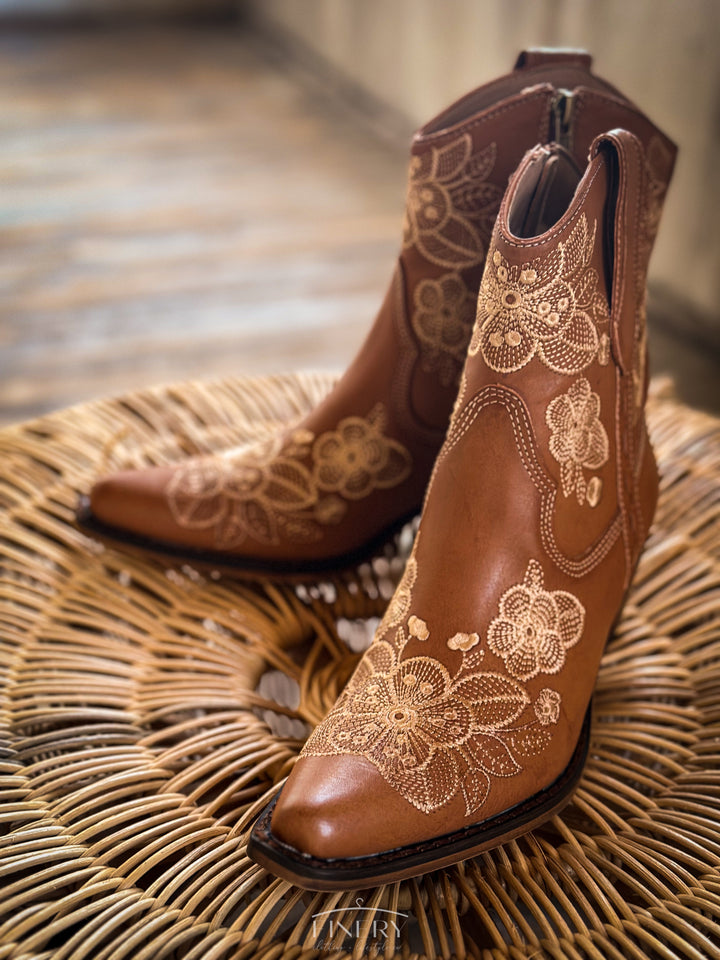 Front view of Embroidered Western Boots with rounded toe