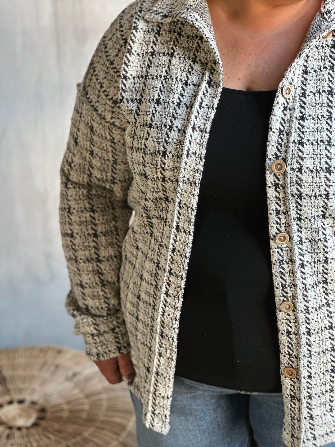 Plus Checker Bouclé Button Down Shacket