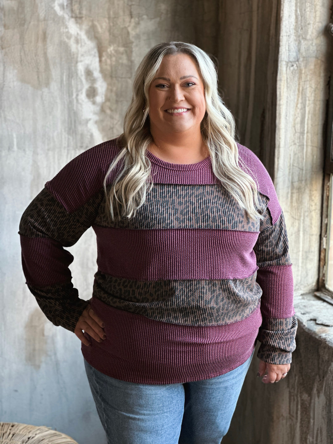 Plus Ribbed Contrast Animal Print Top