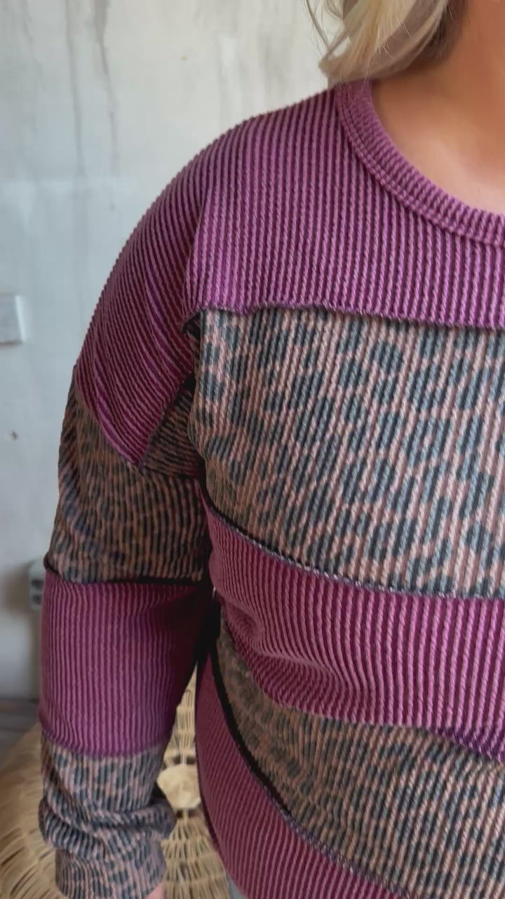 Plus Ribbed Contrast Animal Print Top