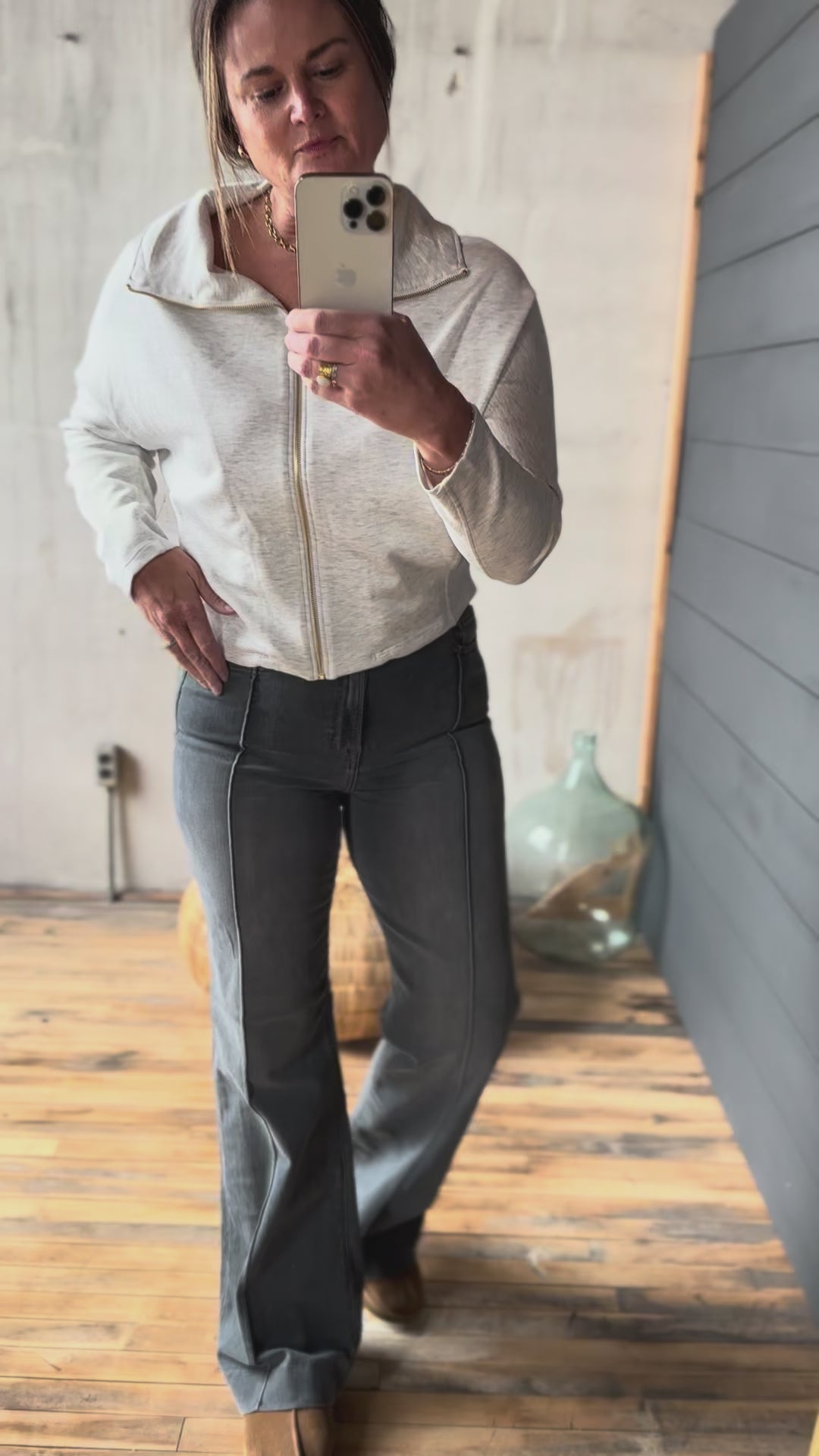 Grey Pintuck High Rise Flares