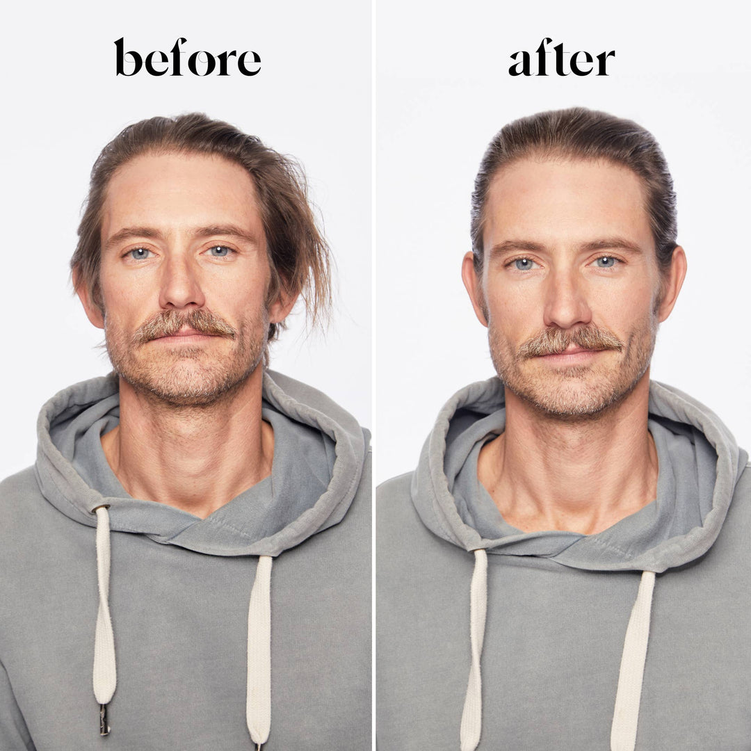 Before and after comparison of a man wearing a gray hoodie on a white background