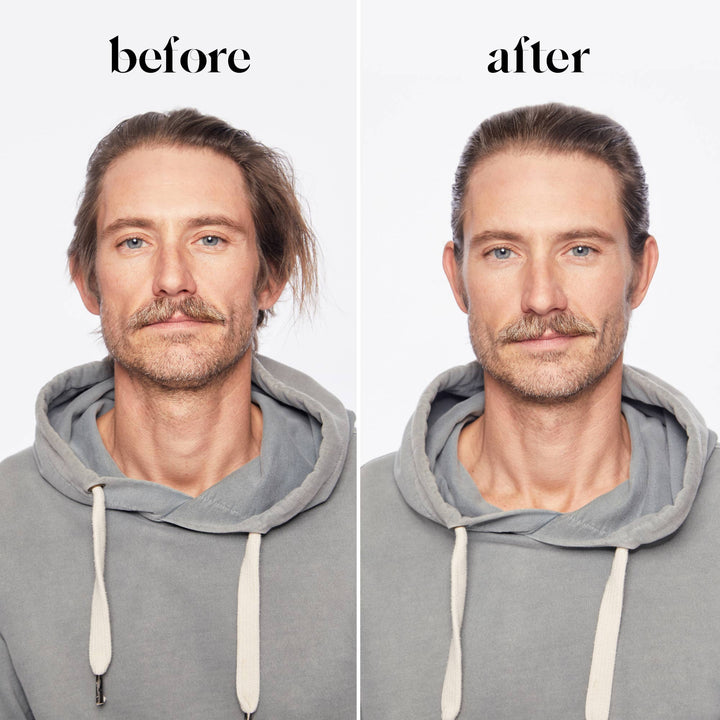 Before and after comparison of a man wearing a gray hoodie on a white background