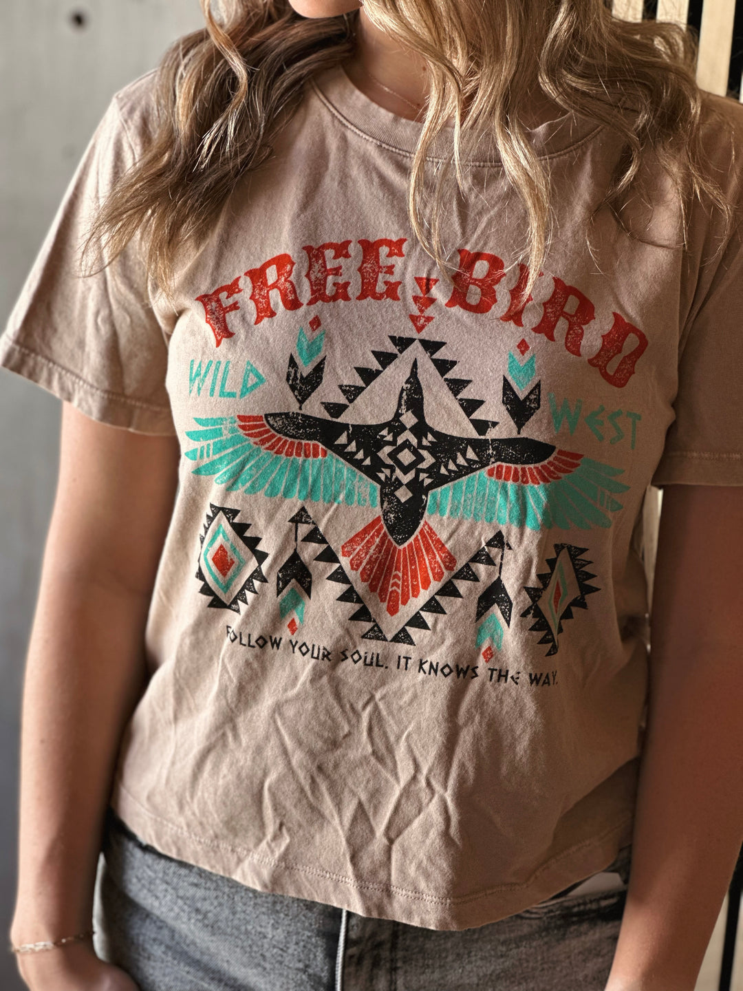 Front view of model wearing taupe t-shirt with colorful free bird design and writing