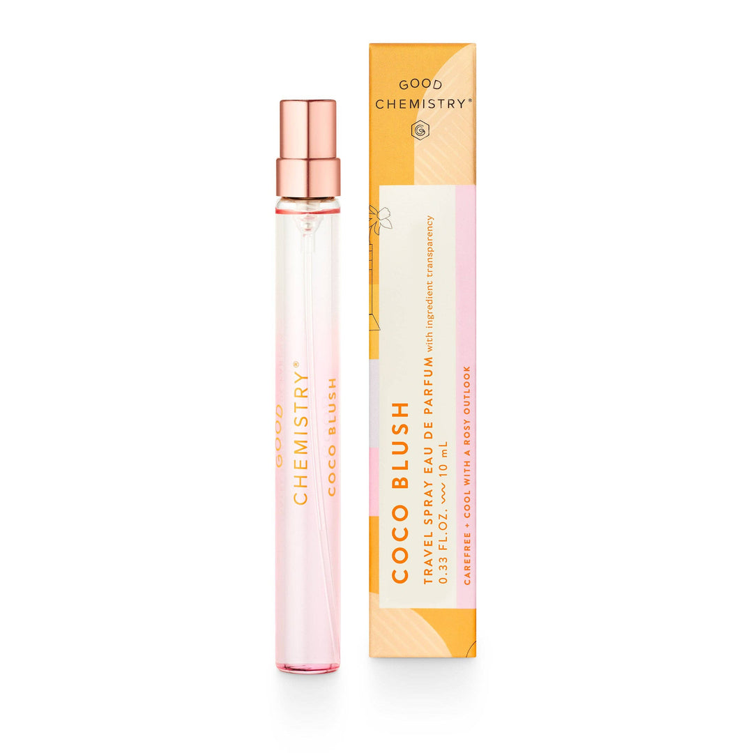 Good Chemistry Coco Blush perfume travel spray with packaging on a white background