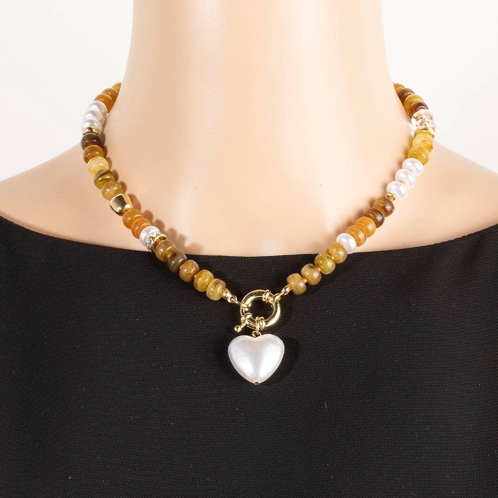 Pearl Heart Pendant Mixed Beaded Necklace