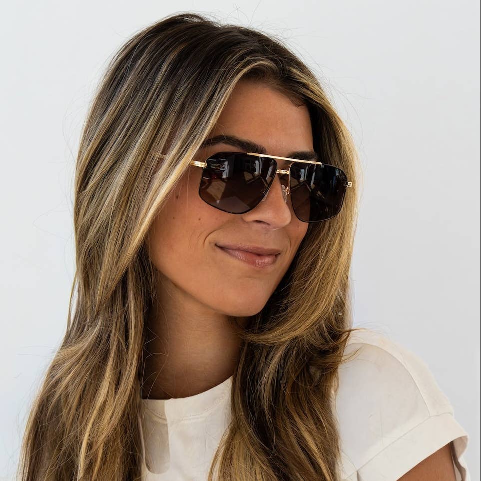 Woman wearing sunglasses with a white background