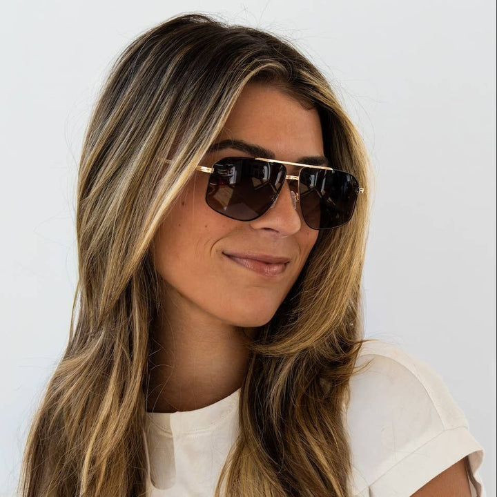 Woman wearing sunglasses with a white background