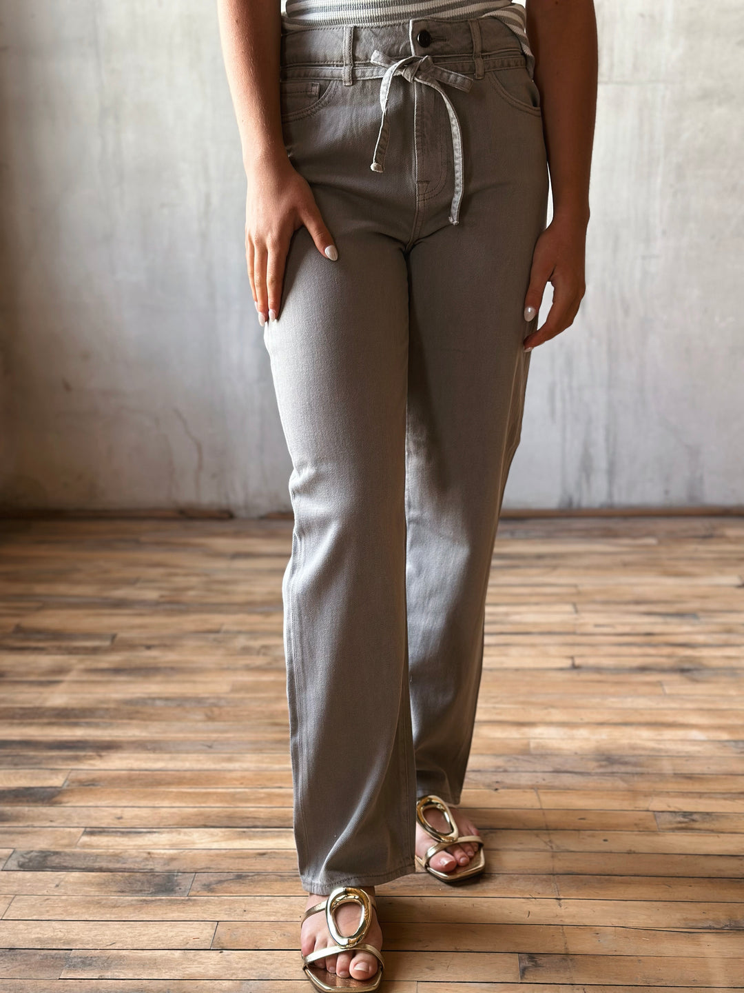 Front of High Rise Wide Straight Jeans with Removable Belt