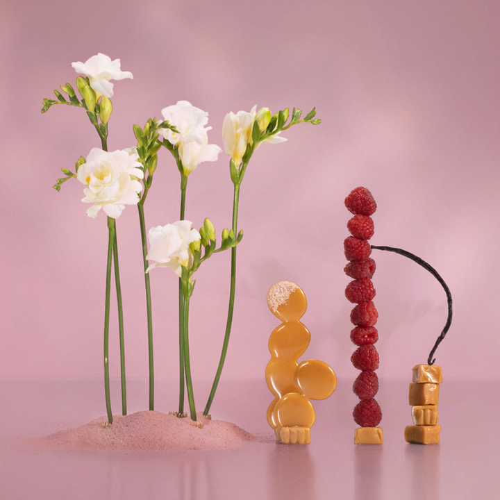 Decorative arrangement with flowers, berries, and small figures on a pink background