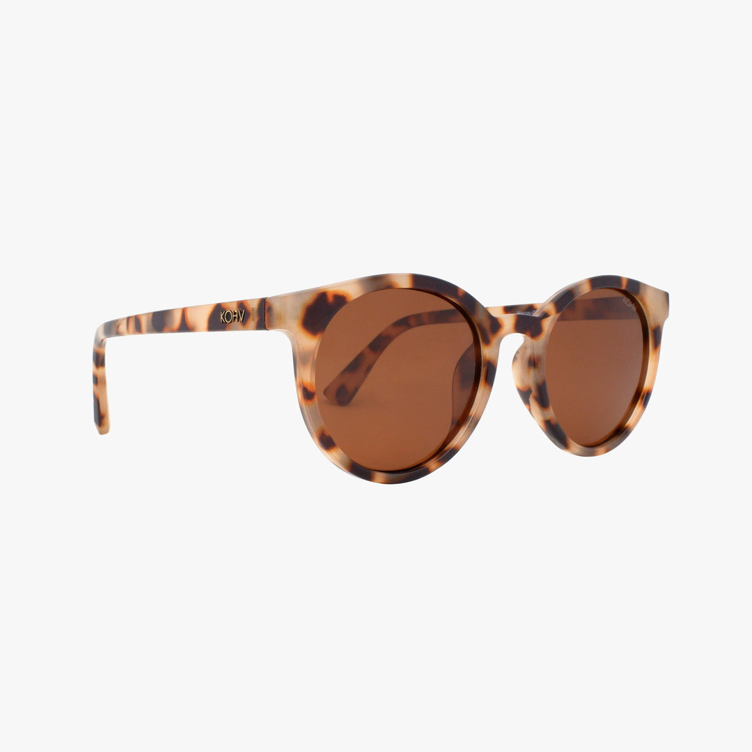 Sunglasses with tortoiseshell frame and brown lenses on a white background