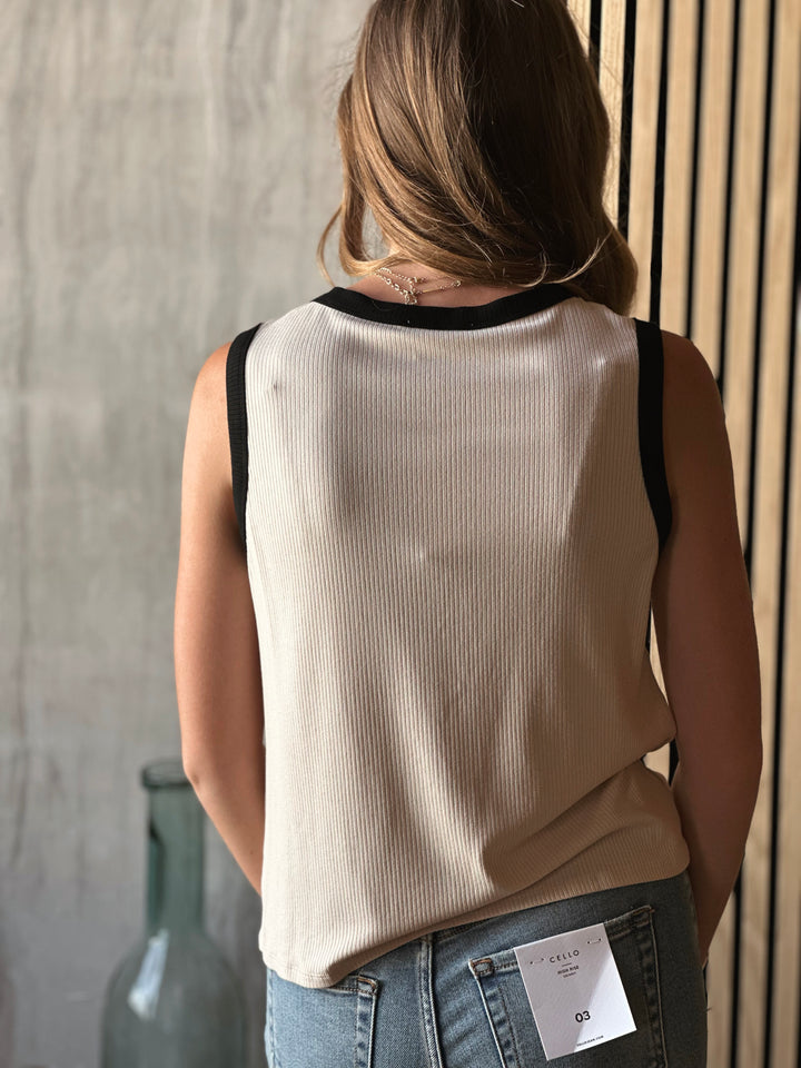 Back view of what model wearing sleeveless V-neck top with functional front button down and ribbed knit fabric