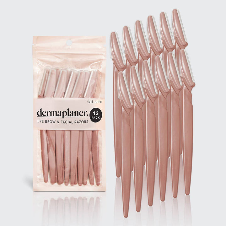 12-pack of dermaplaning razors with packaging on a light gray background