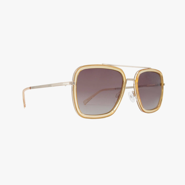 Gold-framed sunglasses with gradient lenses on a white background