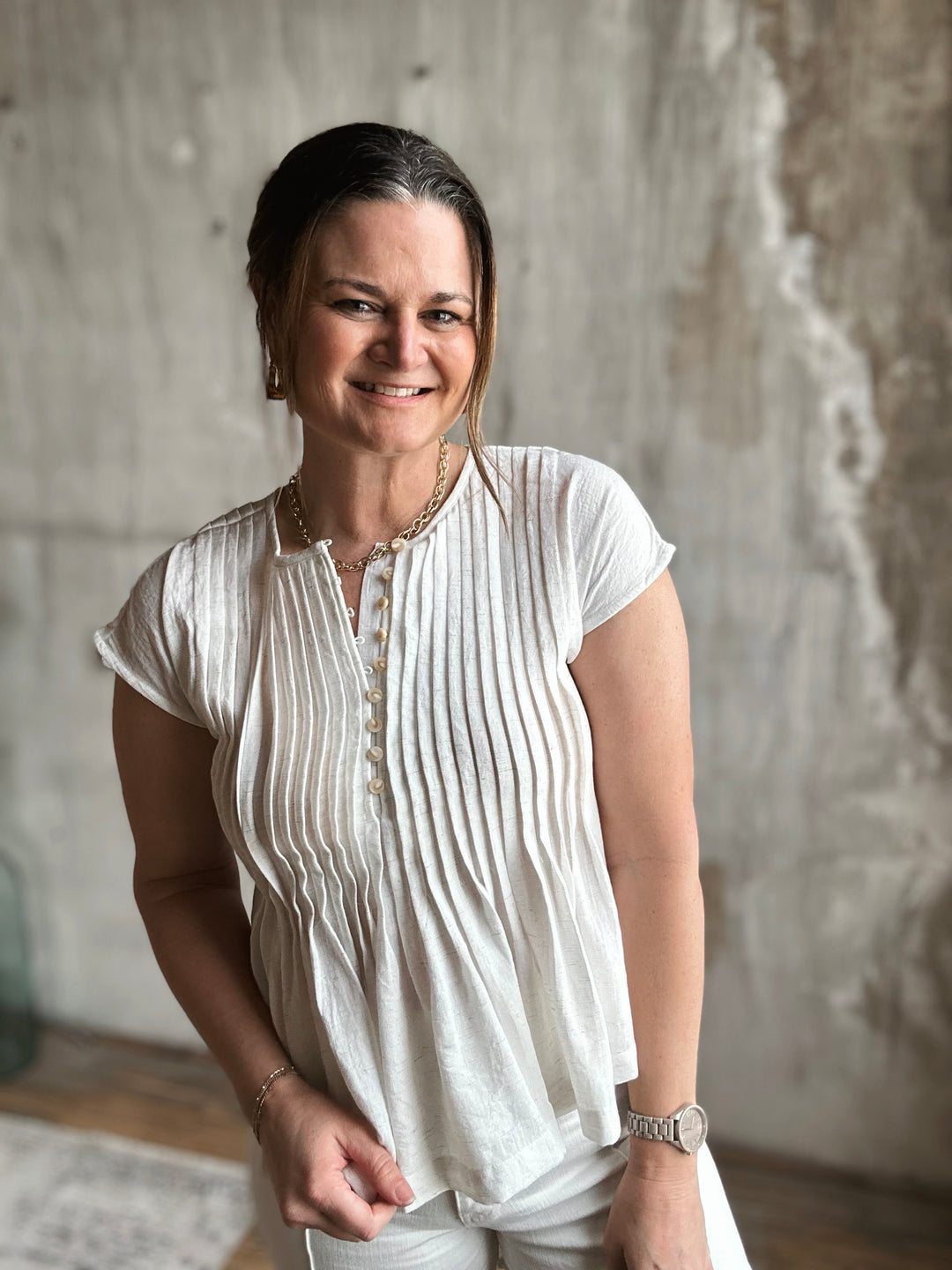 The Ivory Gathered Button Top