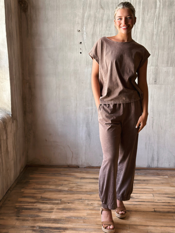 full front view mineral washed pants ankle length are paired with an elastic waistband and half-cinched hem in mocha with matching top