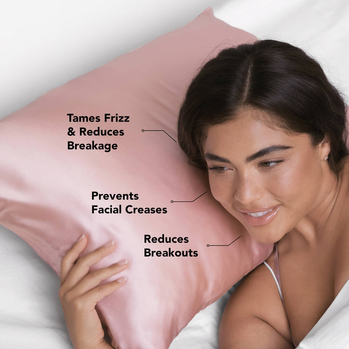 Woman lying on a pink satin pillow with text highlighting benefits