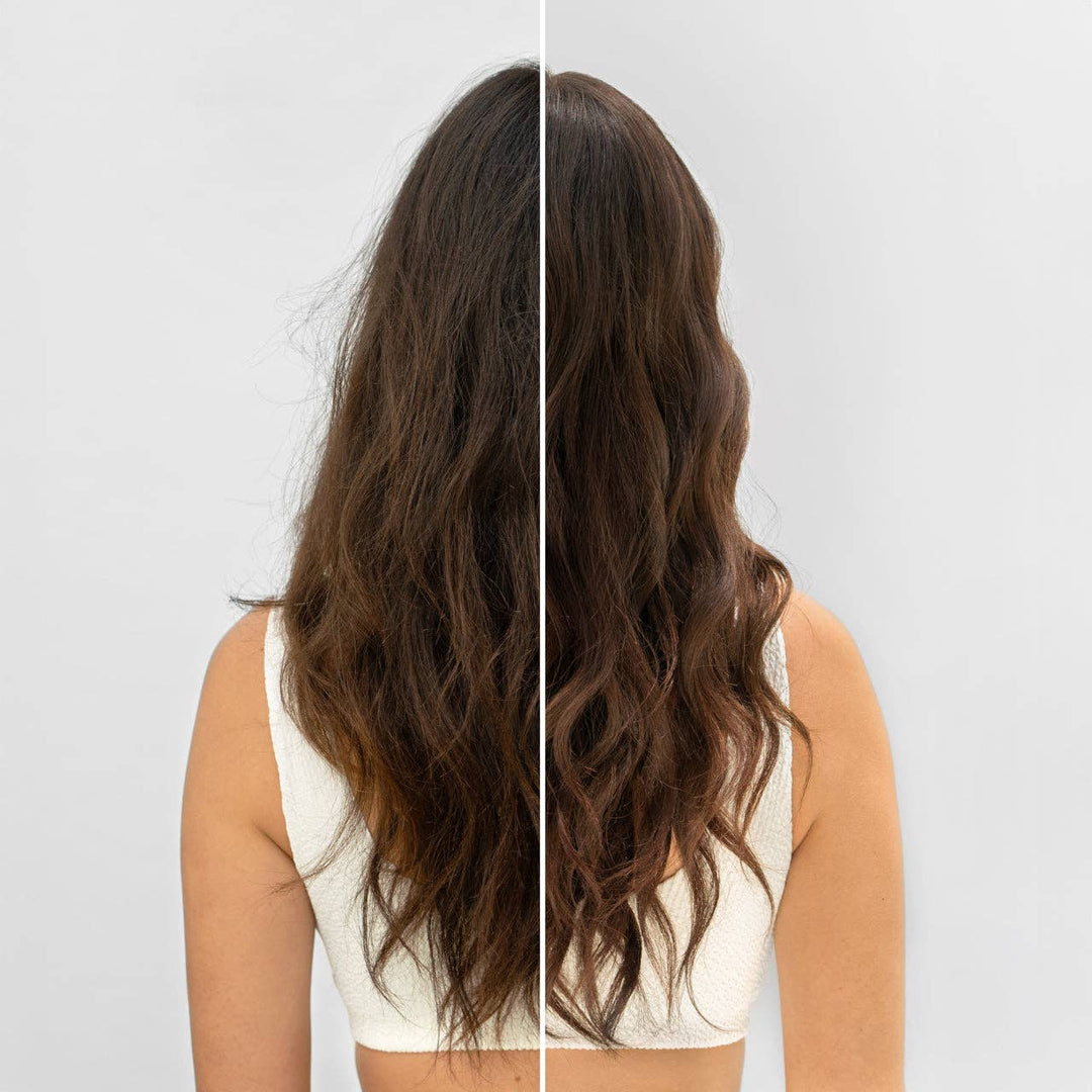 Side-by-side comparison of long, wavy hair on a plain background