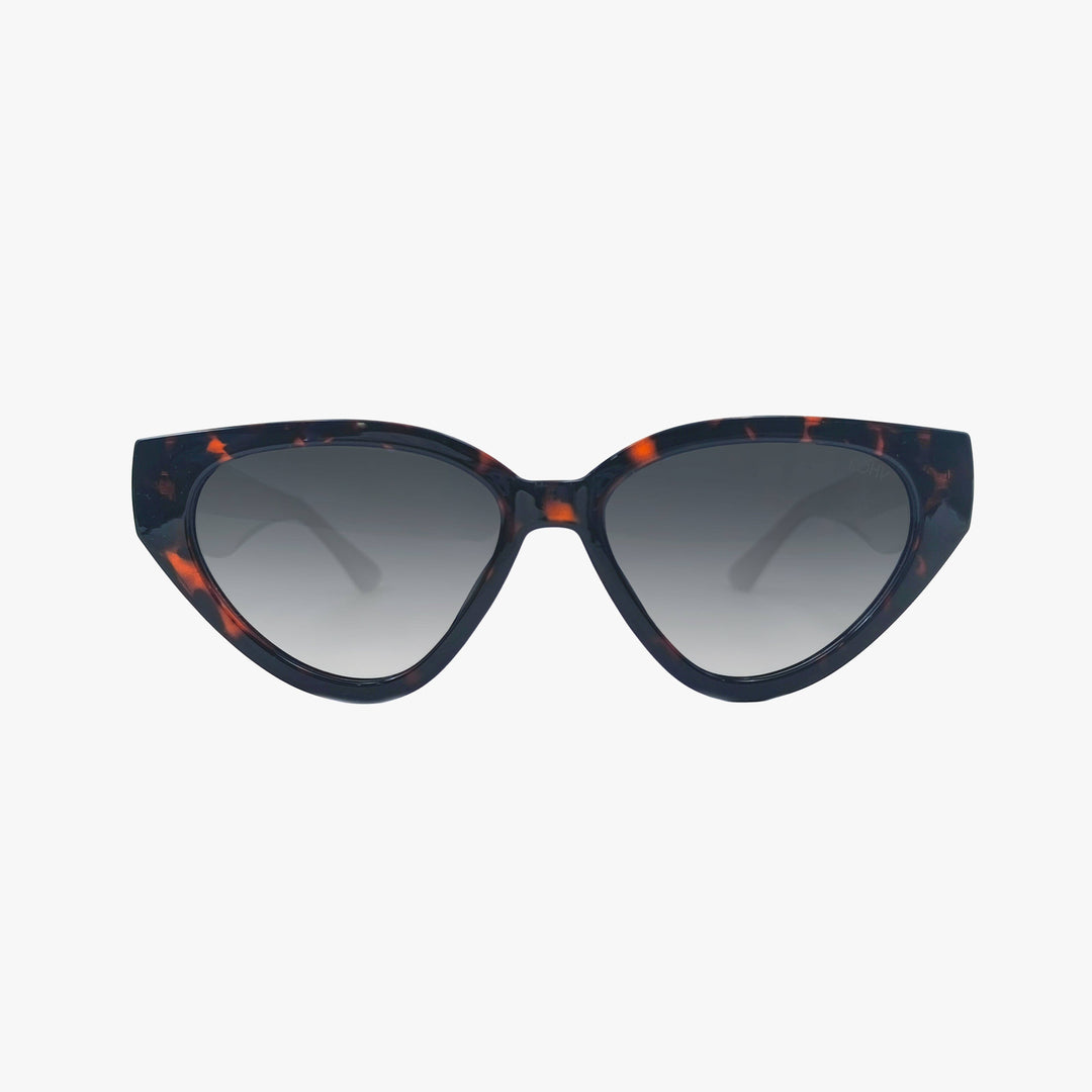 Cat-eye sunglasses with blue frame and red accents on a white background