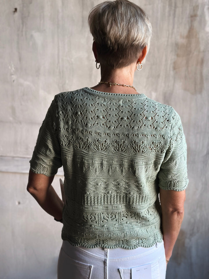Person wearing a green knitted sweater with a textured pattern against a plain background