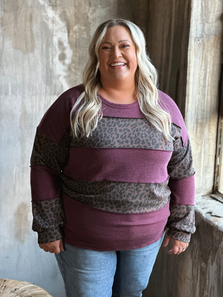 Plus Ribbed Contrast Animal Print Top