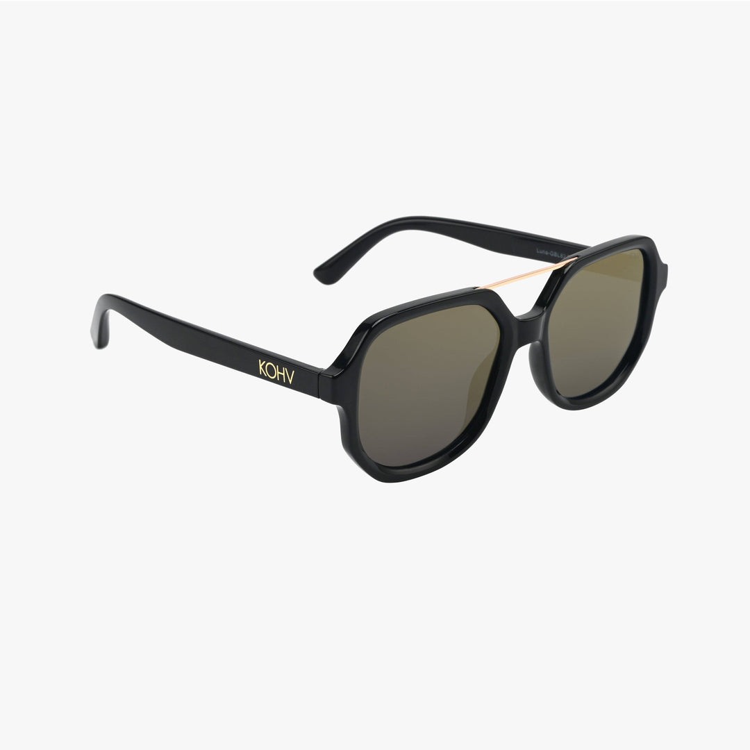 Black sunglasses with gold logo on a white background
