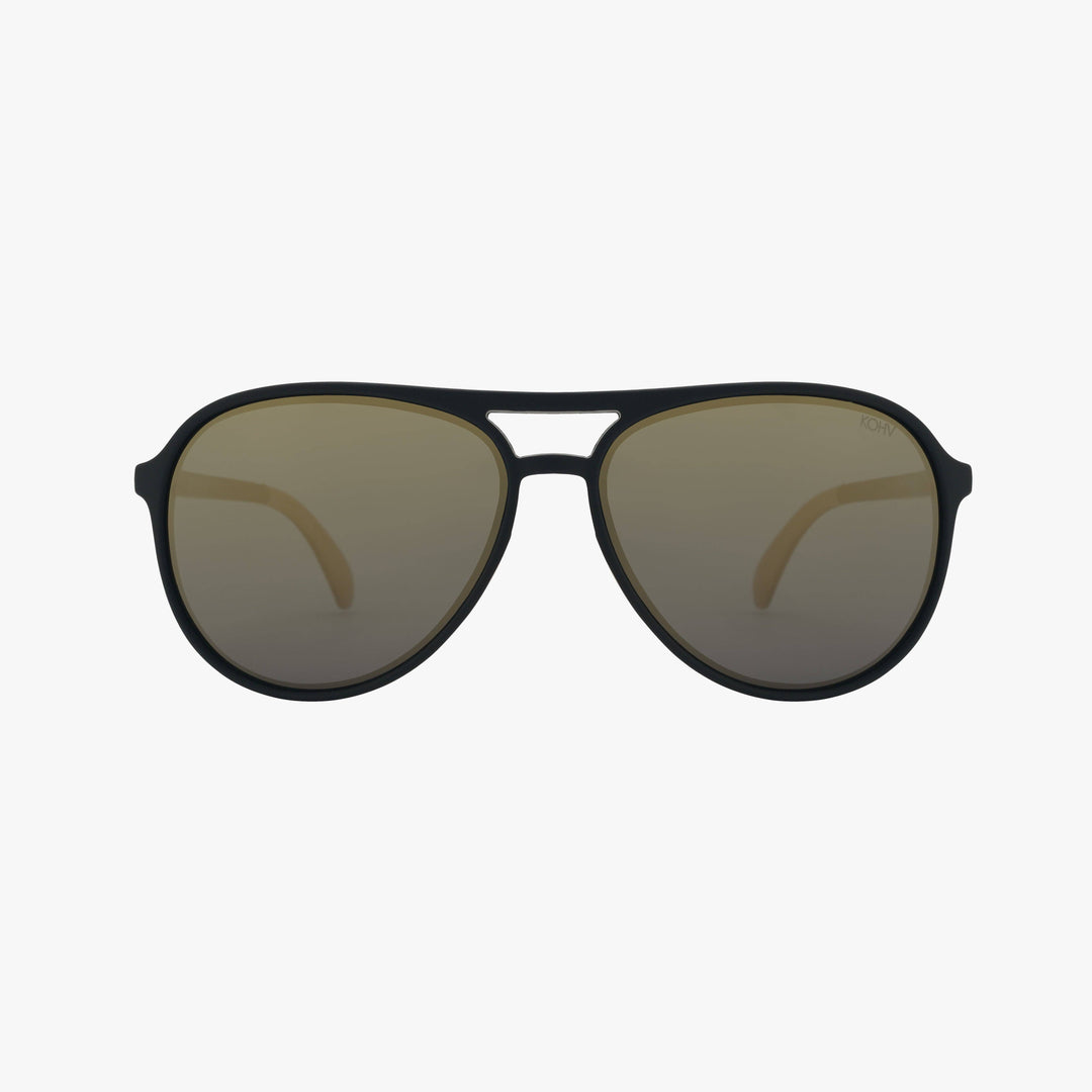 Black sunglasses with reflective lenses on a white background