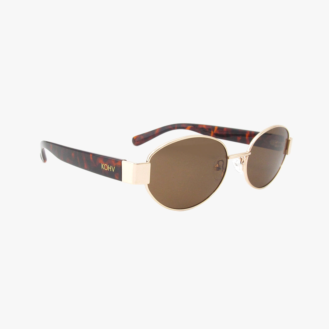 Sunglasses with tortoiseshell frame and gold accents on a white background