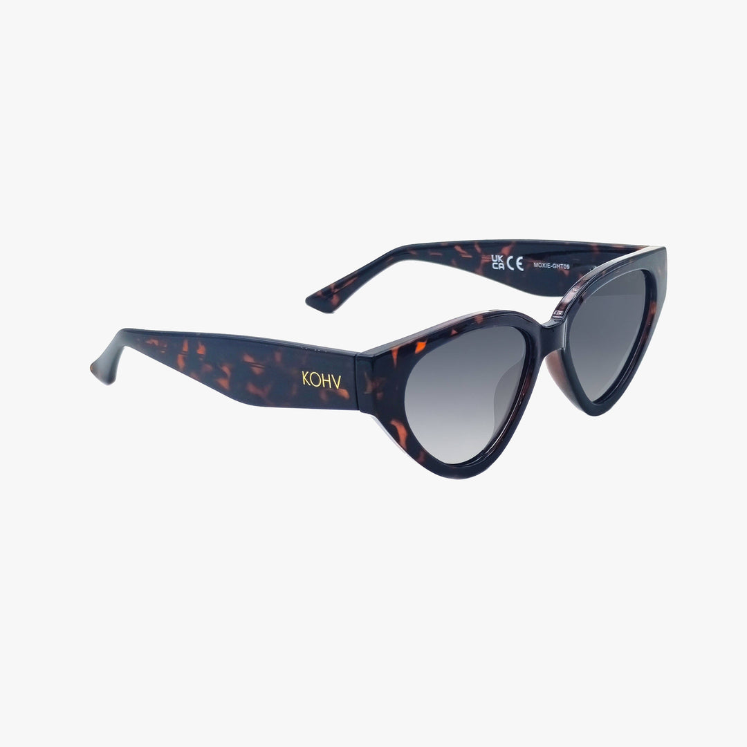 Sunglasses with blue frame and red accents on a white background