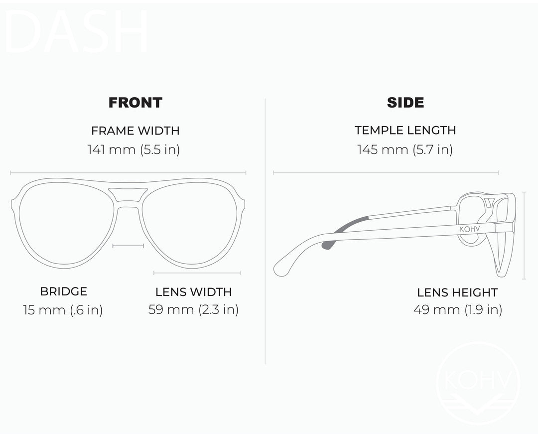 Glasses measurement chart showing front and side views with dimensions.